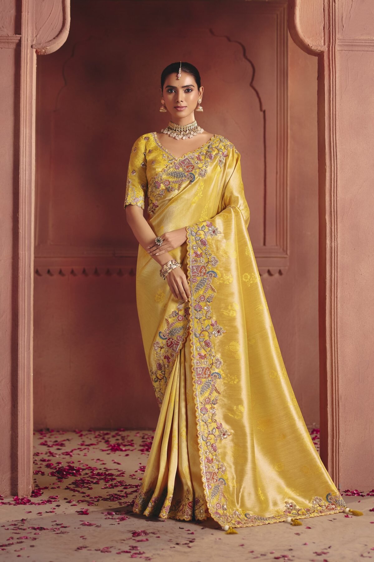 Golden Peacock Embellished Shimmer Tissue Silk Saree