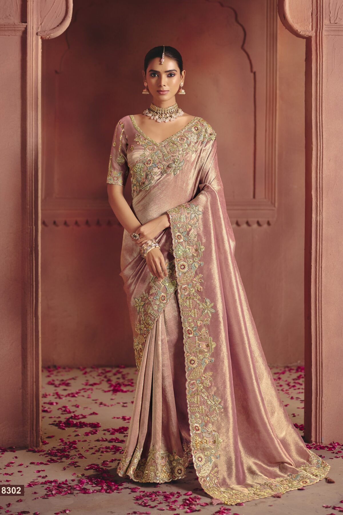 Regal Pink Embellished Shimmer Tissue Silk Saree