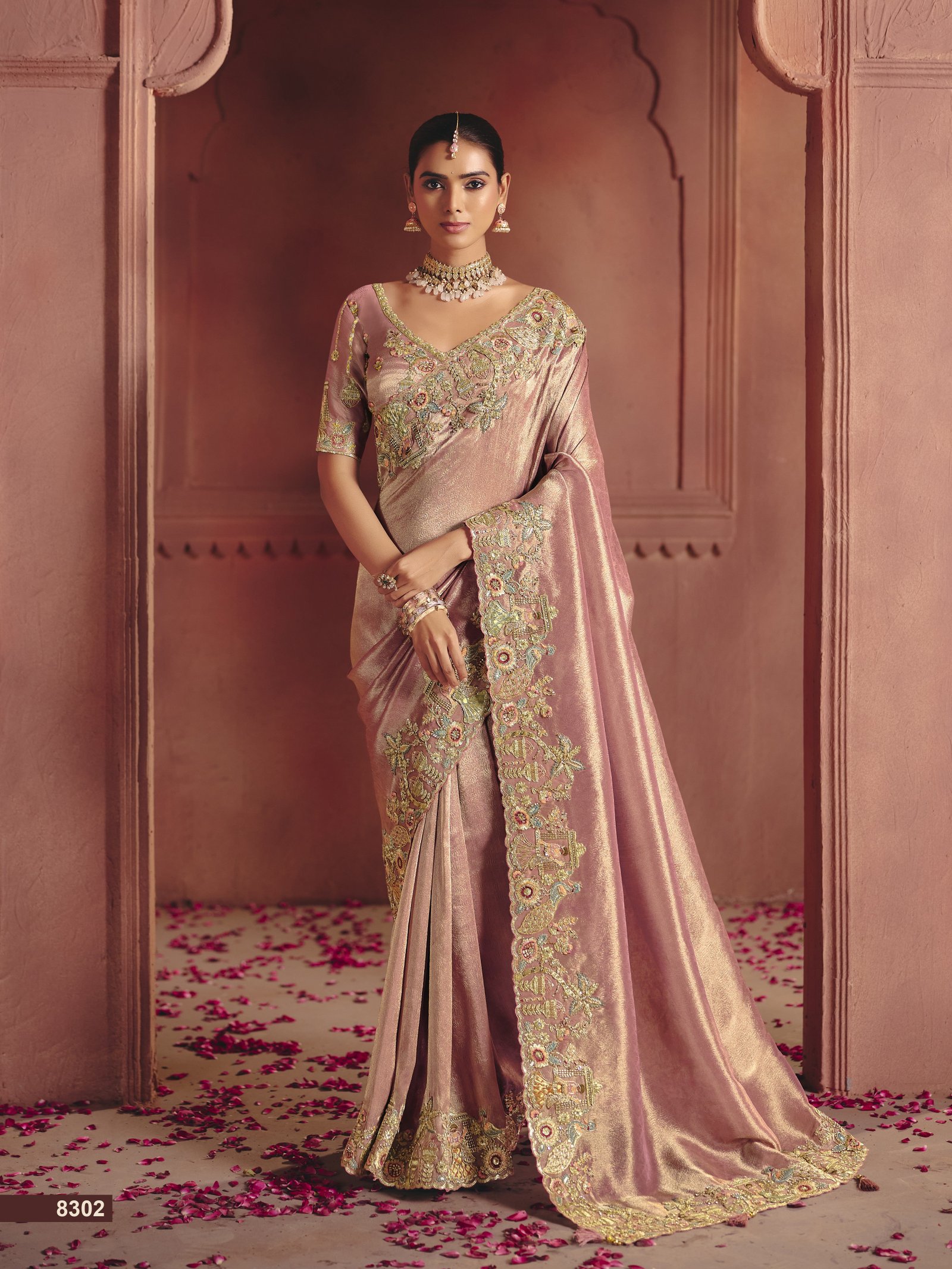 Regal Pink Embellished Shimmer Tissue Silk Saree