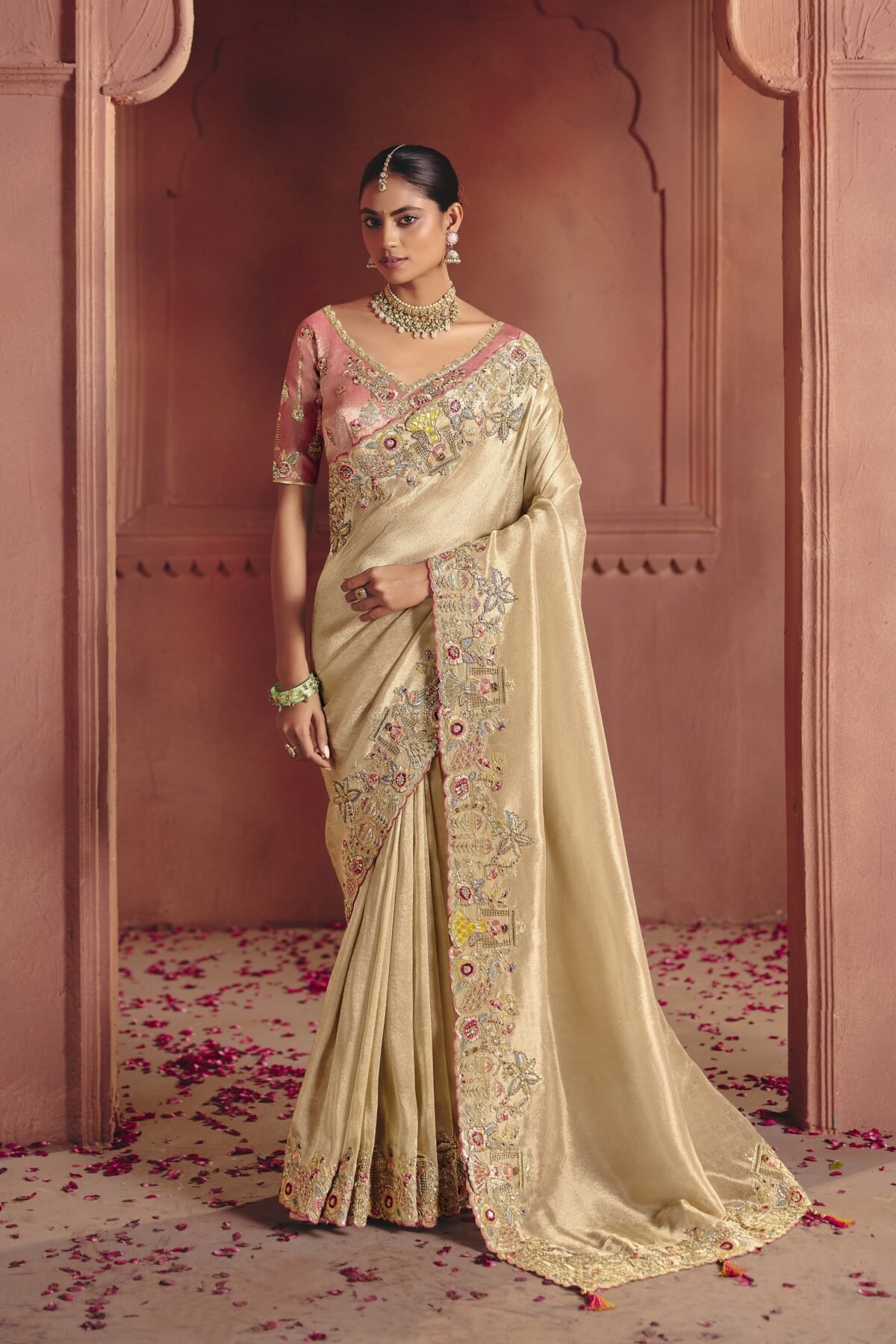 Champagne Gold Embellished Shimmer Tissue Silk Saree