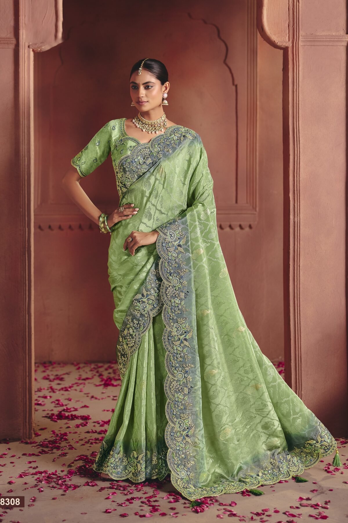 Azure Green Embellished Shimmer Tissue Silk Saree