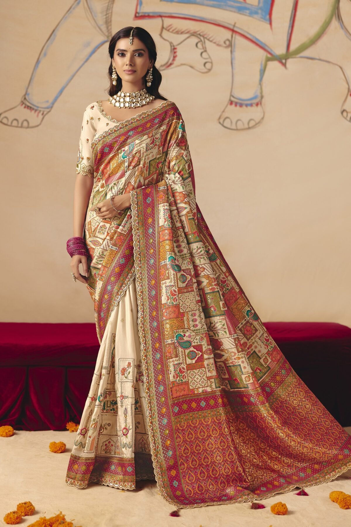 Off White Embellished Dola Silk Saree