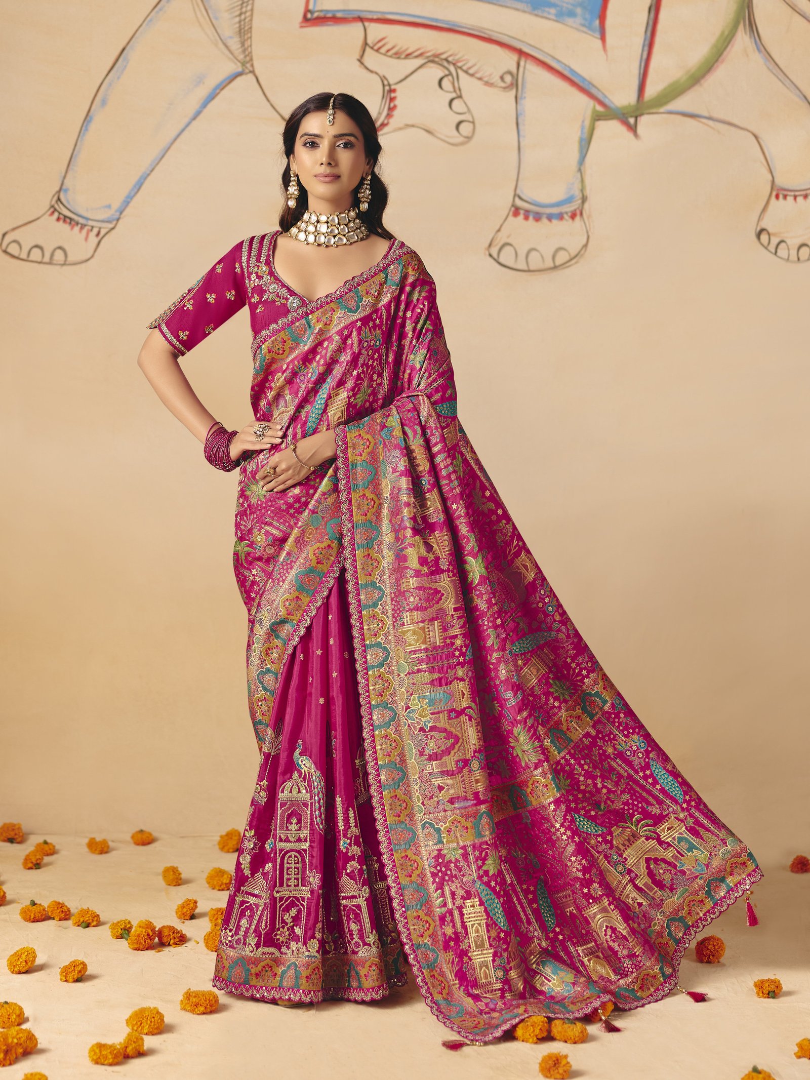 Magenta Pink Embellished Dola Silk Saree