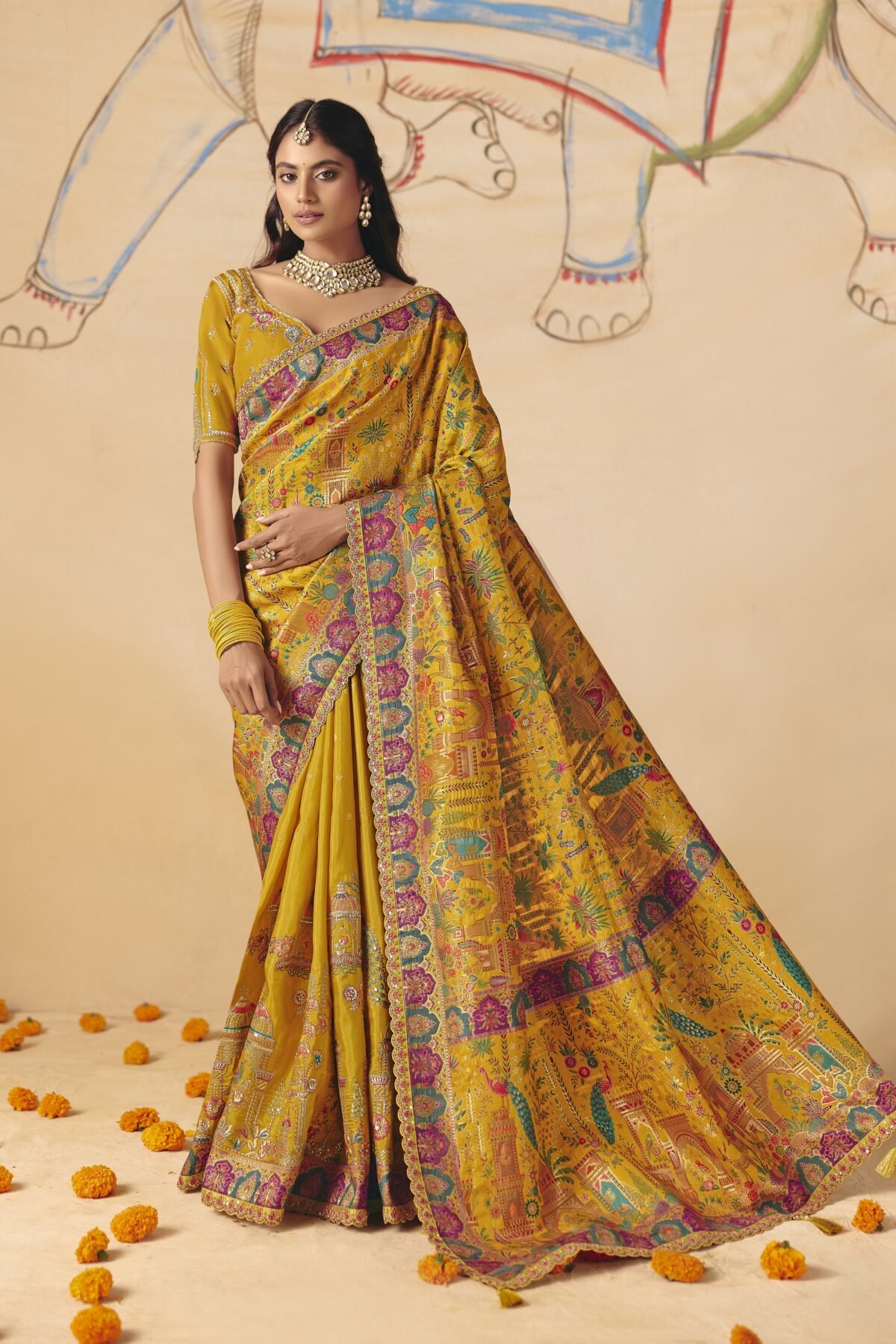 Yellow Ochre Embellished Dola Silk Saree