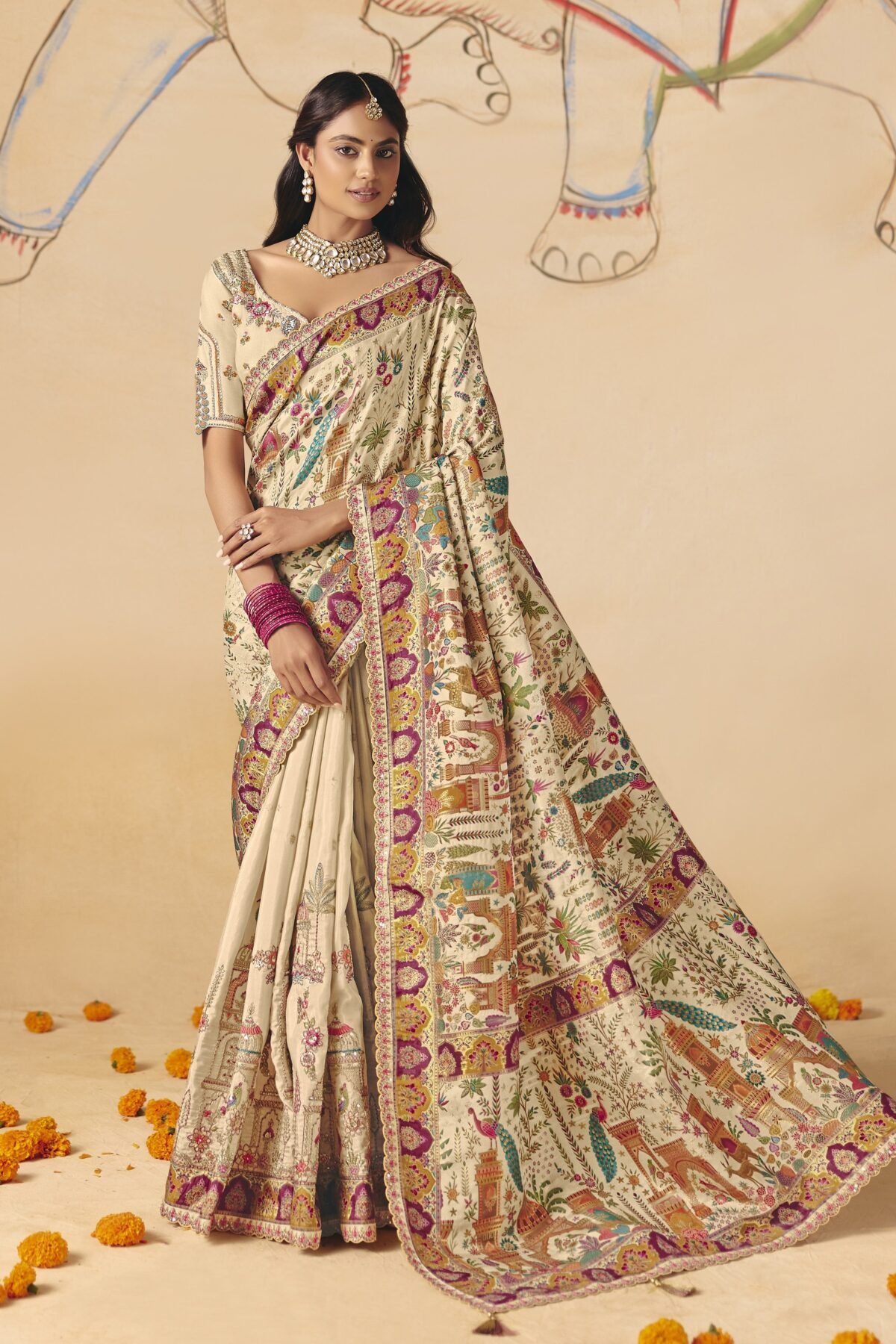 Bare Ivory Embellished Dola Silk Saree
