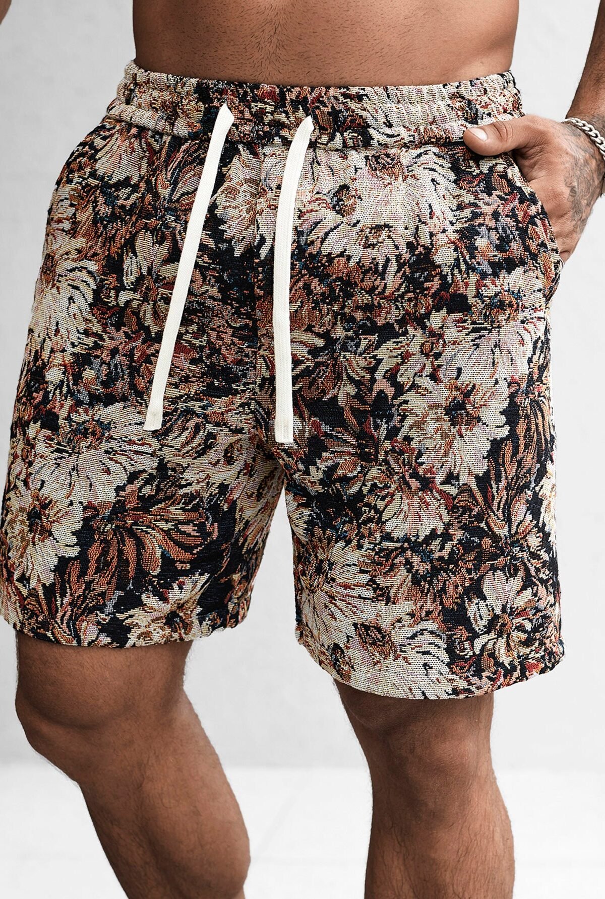 Oil Painting Floral Print Drawstring Shorts