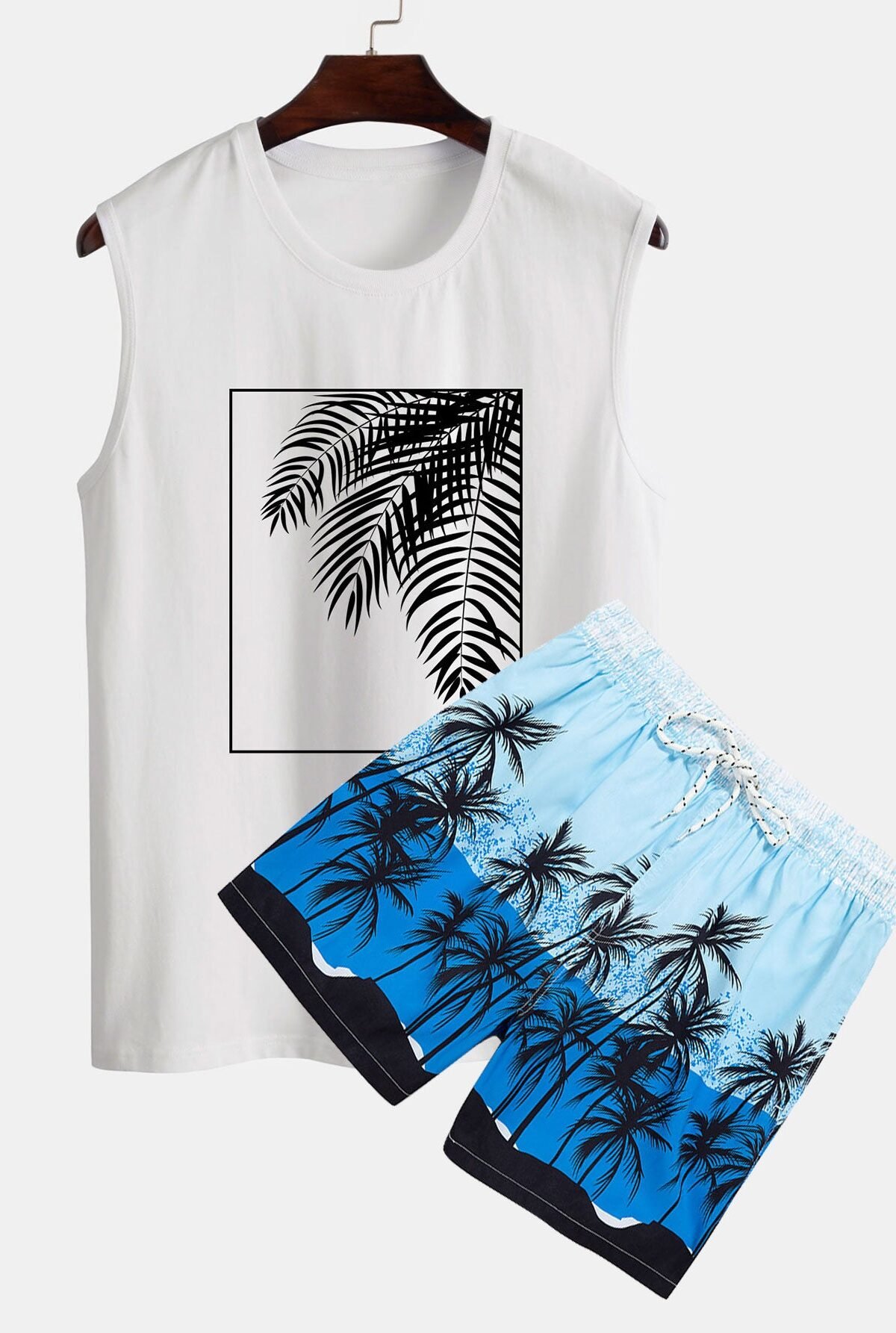 Palm Leaf Print Tank Top & Tropical Print Swim Shorts