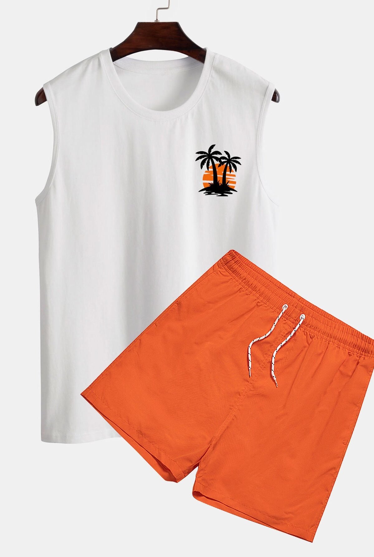 Palm Tree Sunset Print Tank Top & Swim Shorts