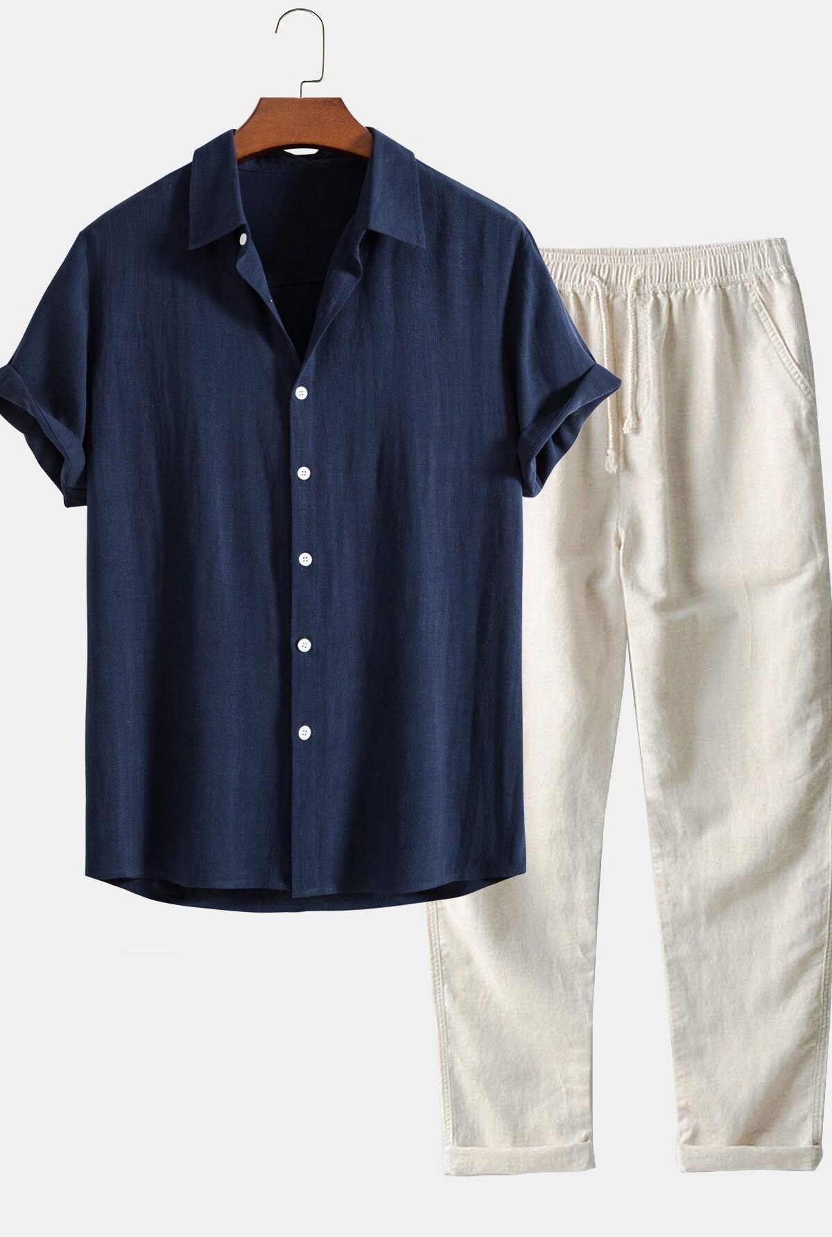Linen Rayon Blend Button Up Shirt & Straight Leg Linen Pants