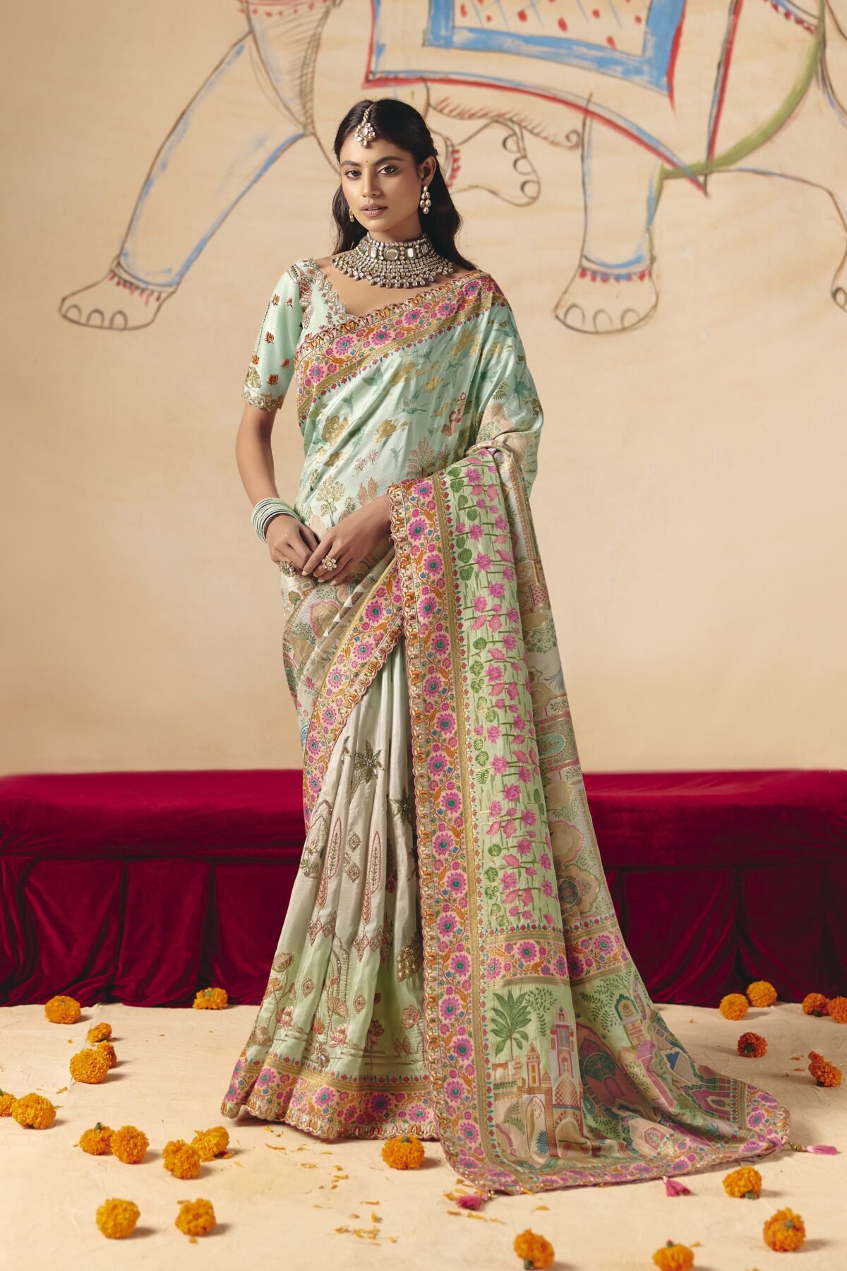 Mint Blue Embellished Dola Silk Saree