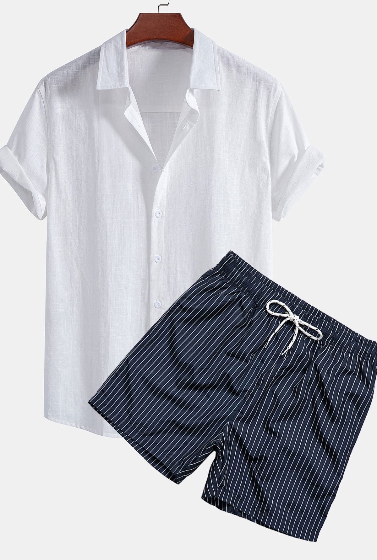Linen Look Cotton Button Up Shirt & Striped Print Swim Shorts