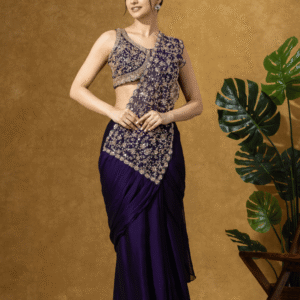 Midnight Purple Embroidered Drape Saree Set