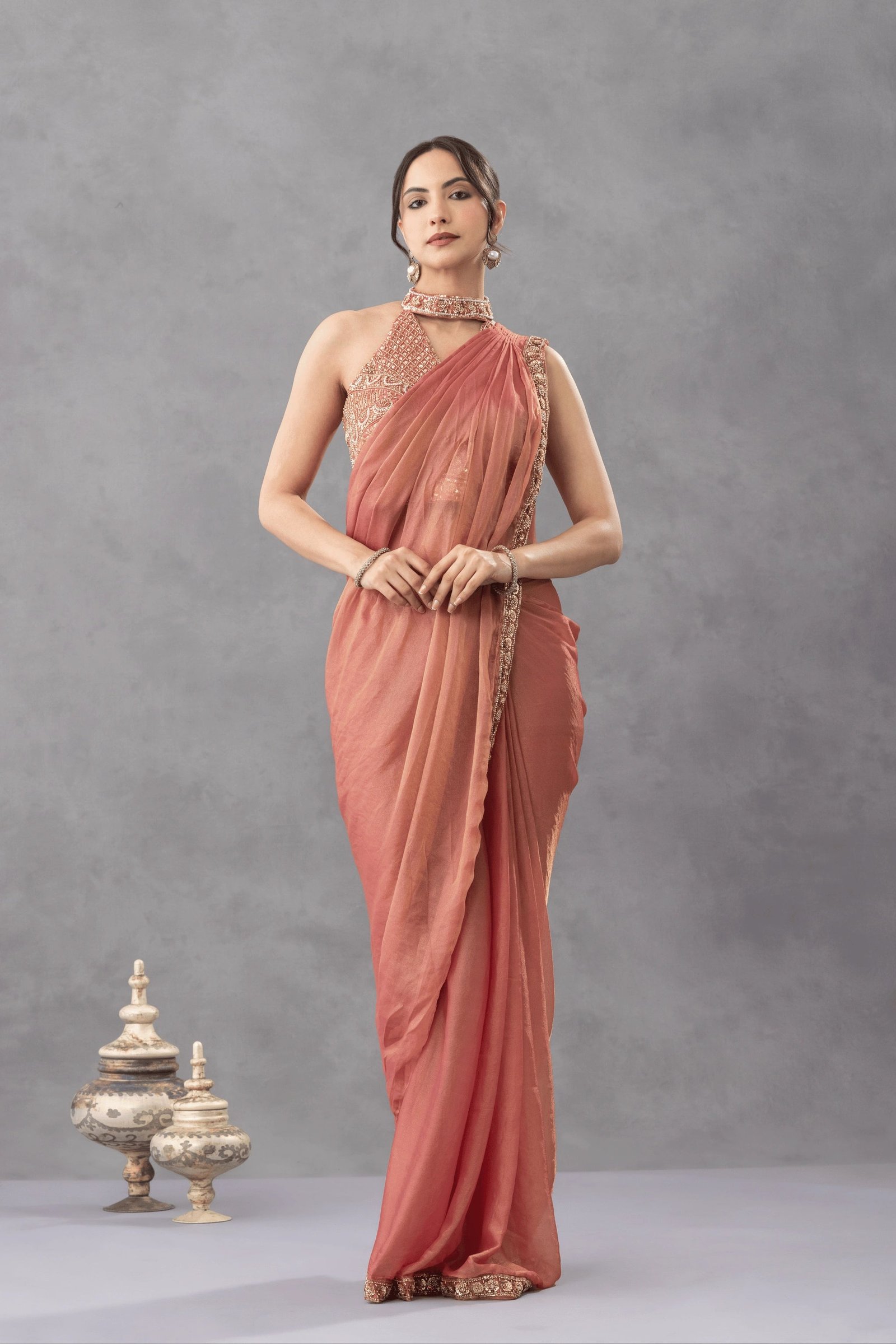 Peach Ombre Draped Saree with Statement Blouse