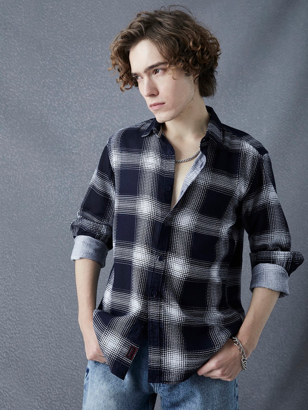 Men Premium Relaxed Fit Waffle Structured Cotton Blue White Check Printed Casual Shirt