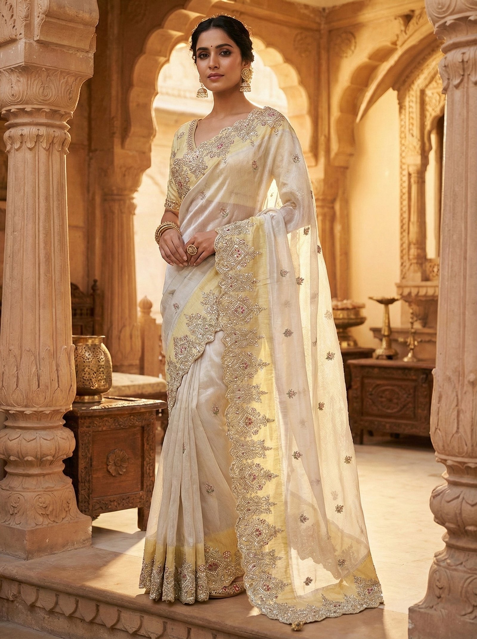 Silver Tissue Hand Embroidery Saree