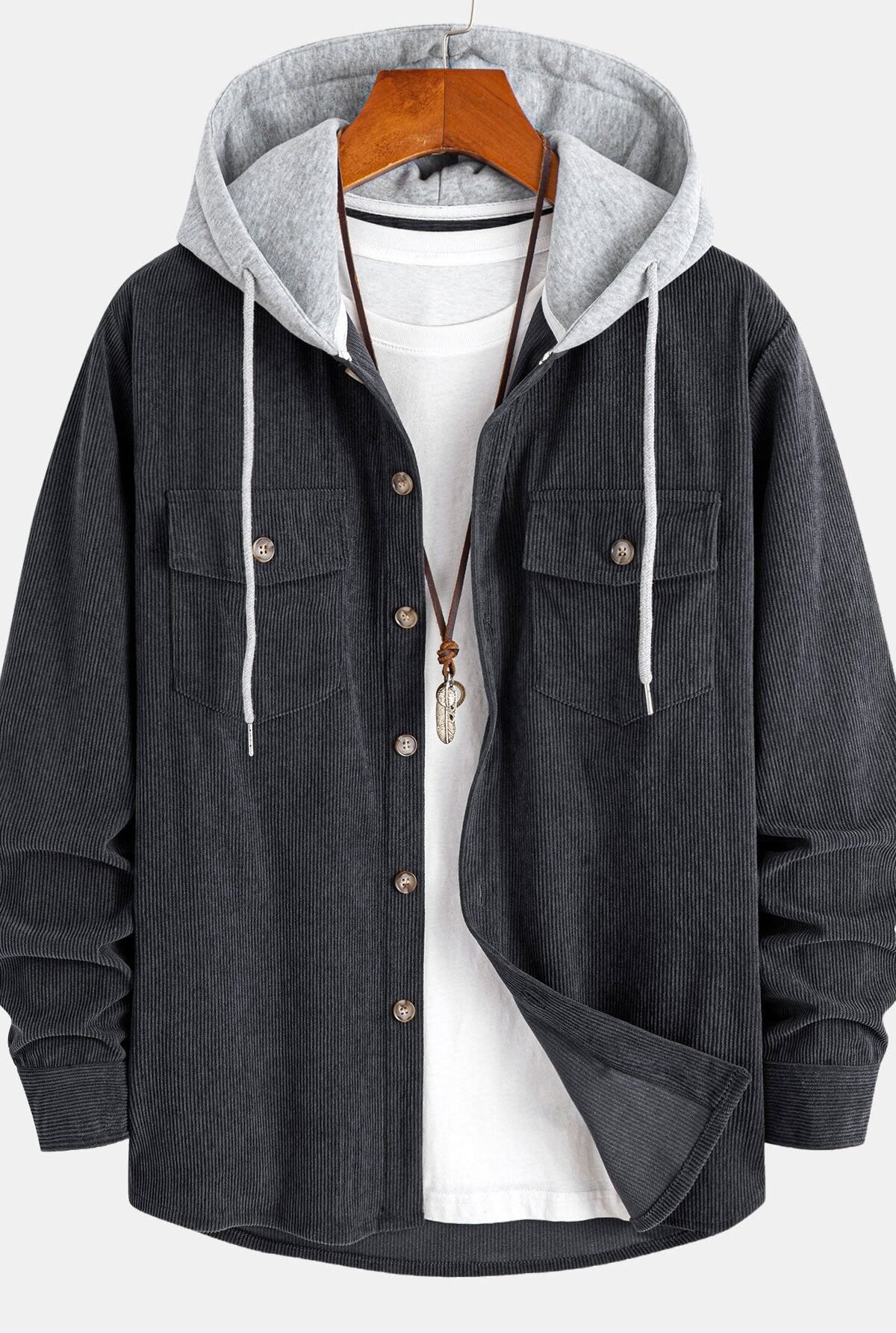 Contrast Corduroy Hooded Overshirt With Pockets
