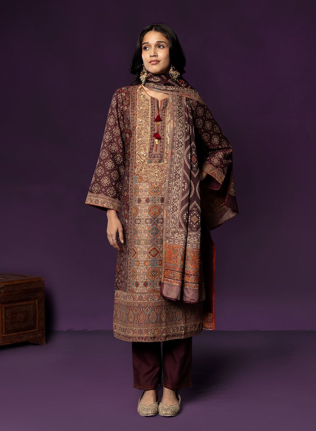 Kasturi Maroon Printed Jamawar Suit Set with Dupatta