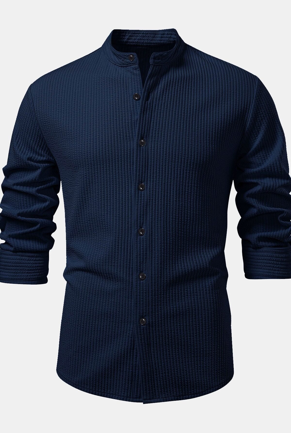 Long Sleeve Muscle Fit Ribbed Stand Collar Shirt