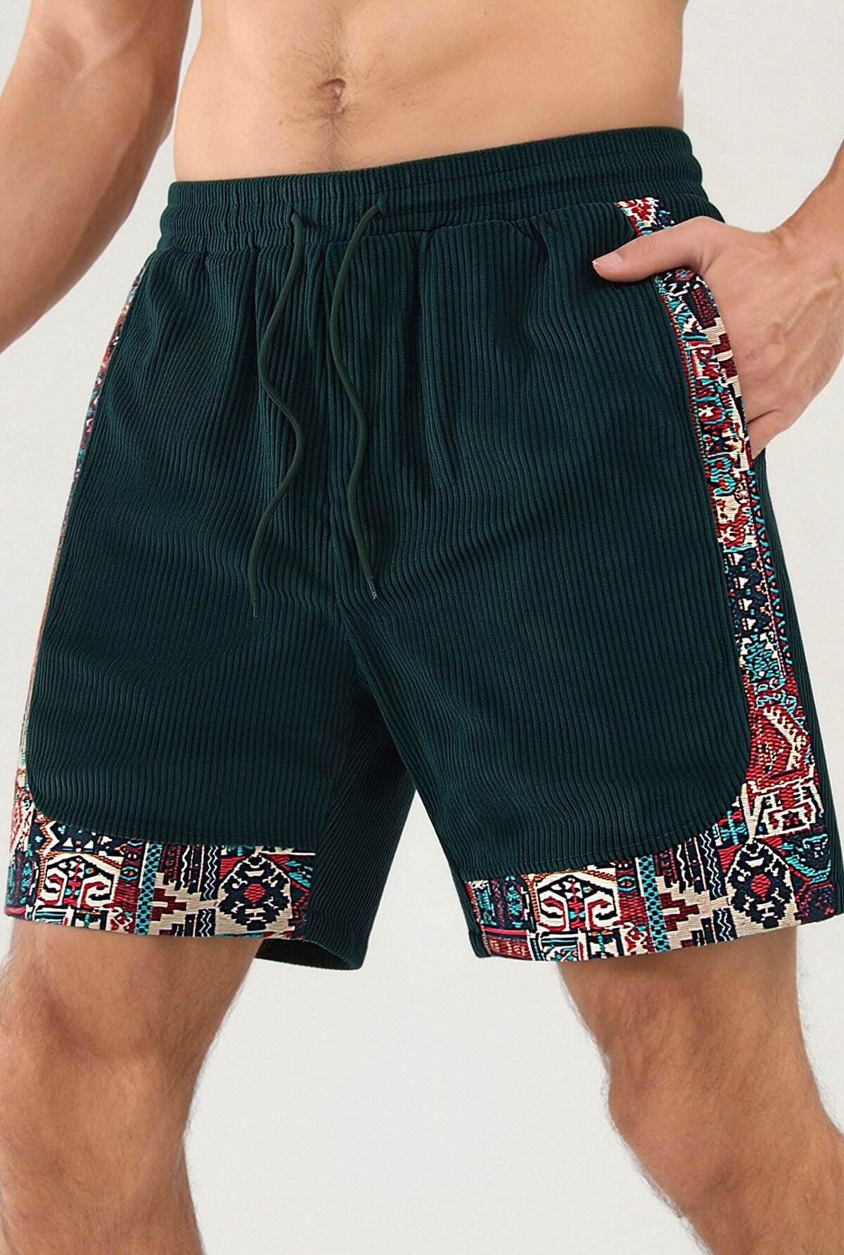 Ethnic Geometric Jacquard Patchwork Corduroy Shorts