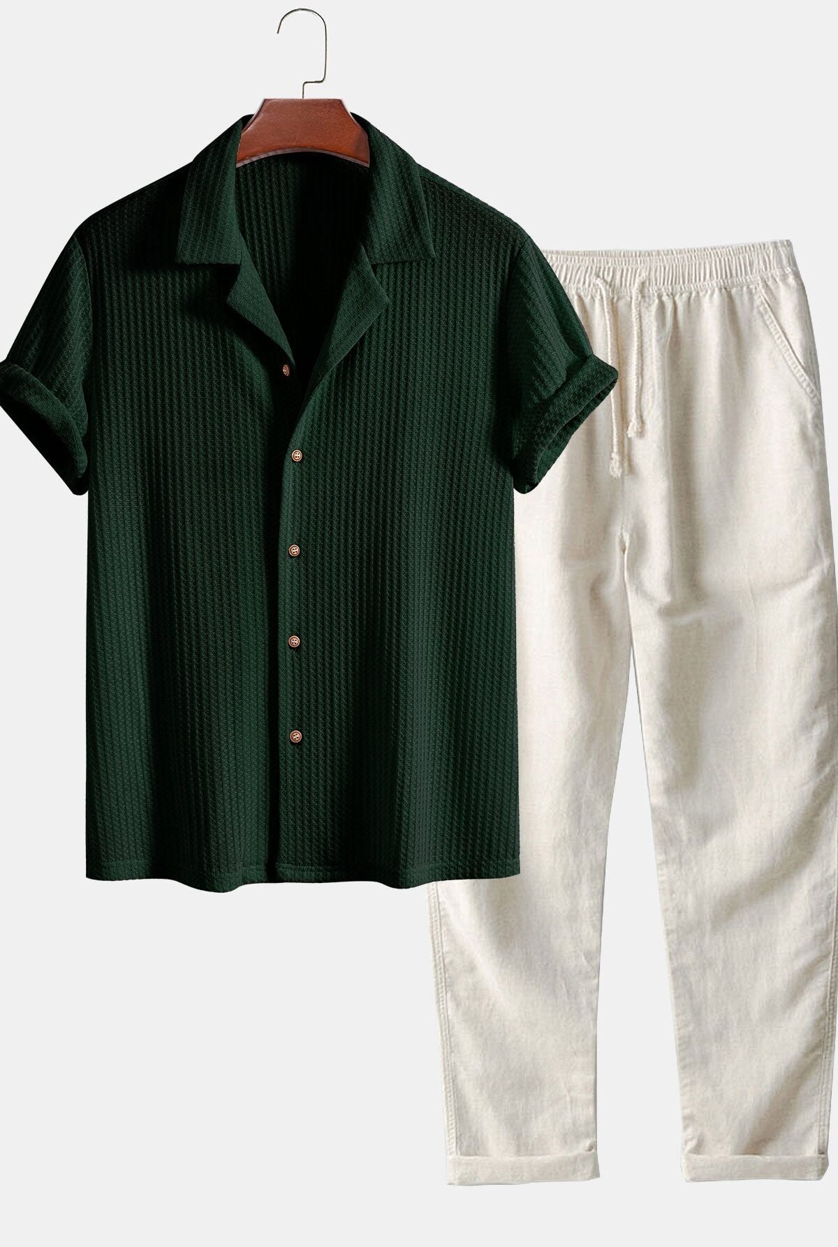 Short Sleeve Knitted Waffle Cuban Shirt & Straight Leg Linen Pants