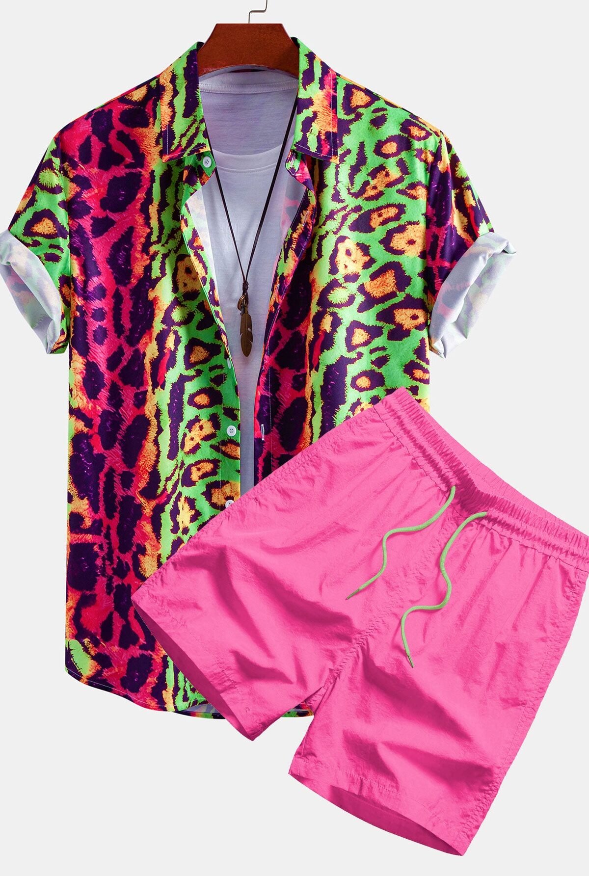 Colorful Leopard Print Button Up Shirt & Swim Shorts