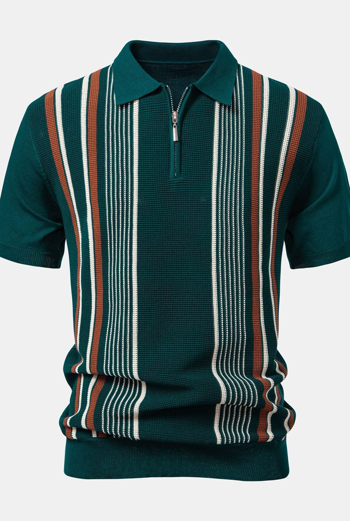 Stripe Knit Zip Up Polo Shirt