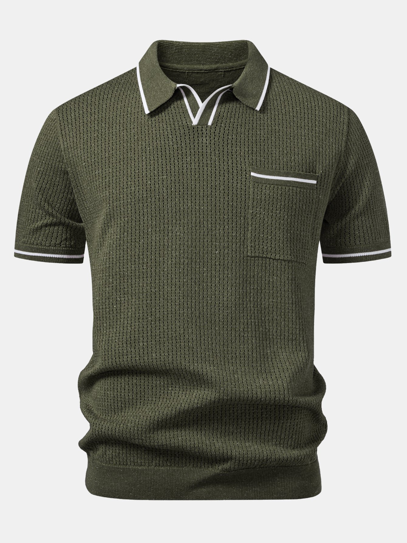 Contrast Stripe Trim Pocket Johnny Collar Knit Polo