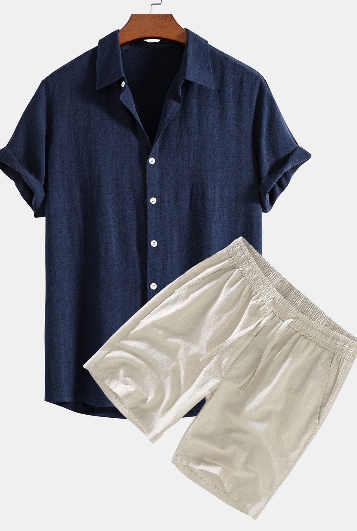 Linen Rayon Blend Button Up Shirt & Linen Drawstring Shorts