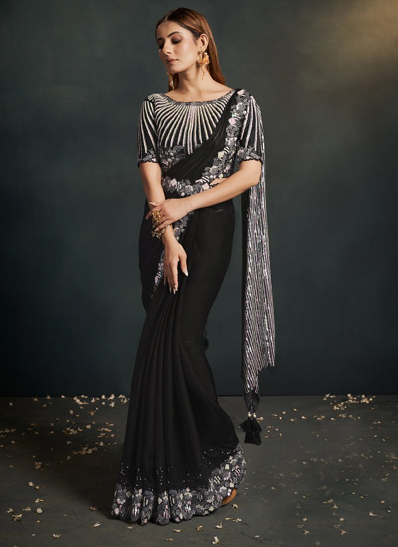 Shadow Black Embellished Crepe Satin Silk Saree