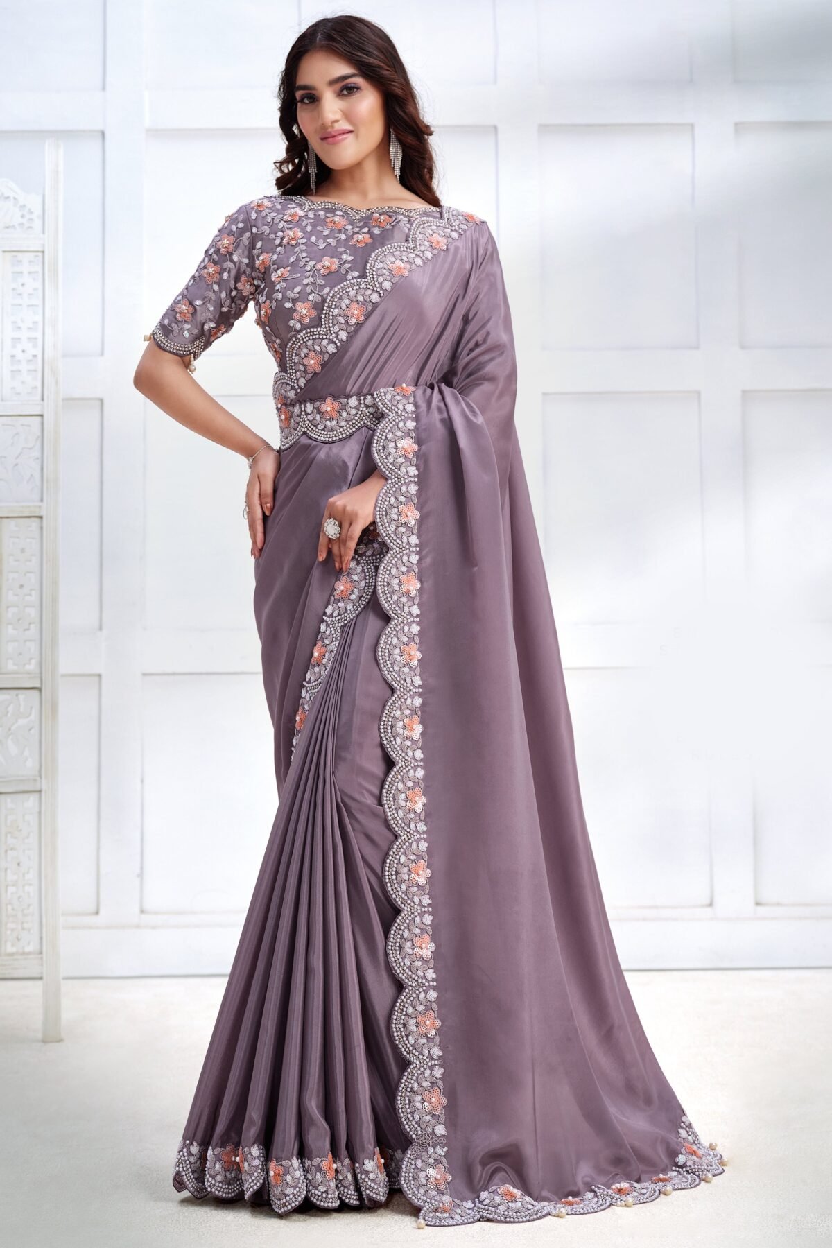 Wisteria Embellished Crepe Satin Silk Saree