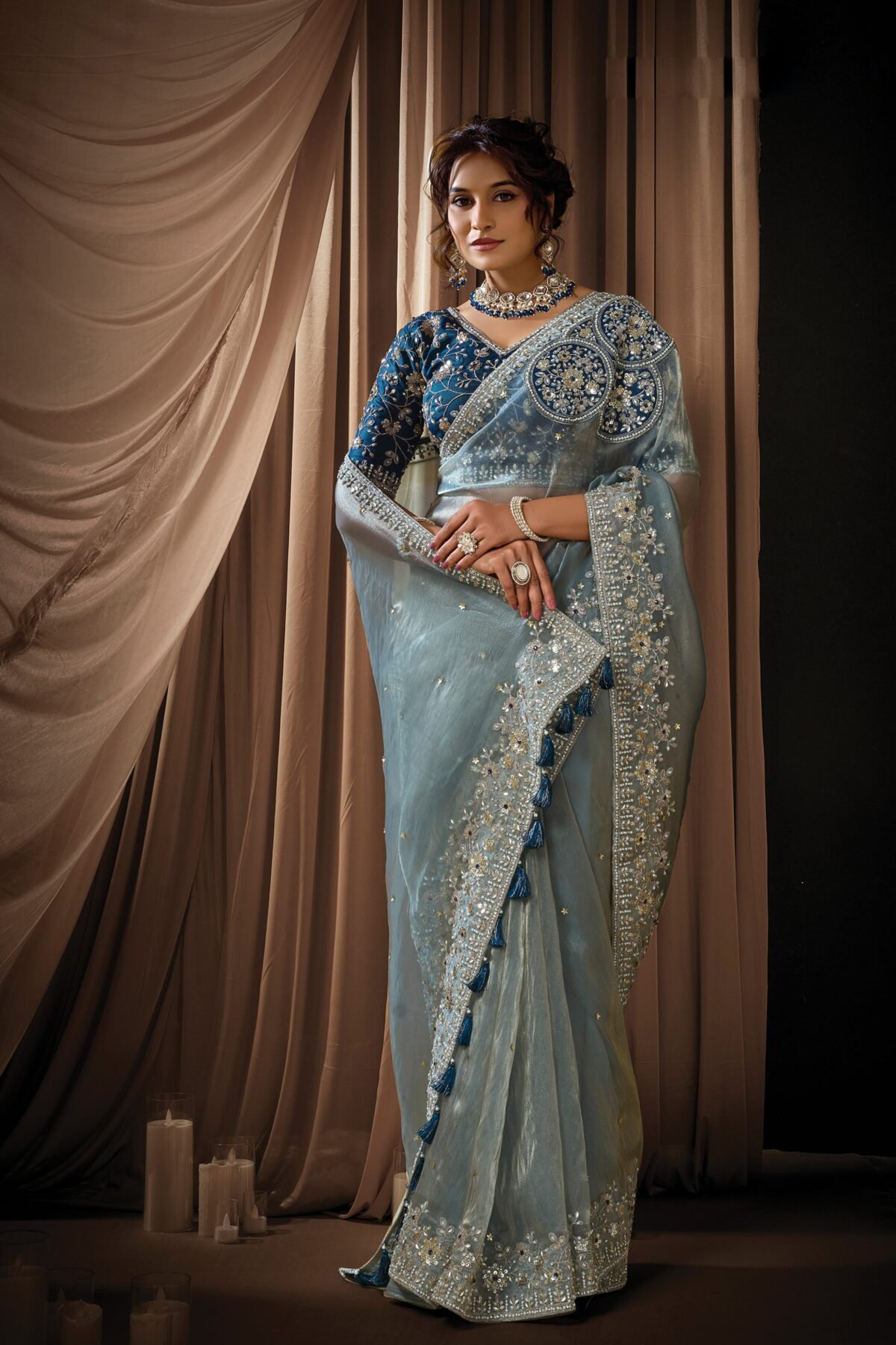 Ice Gray Embellished Zari Organza Silk Saree