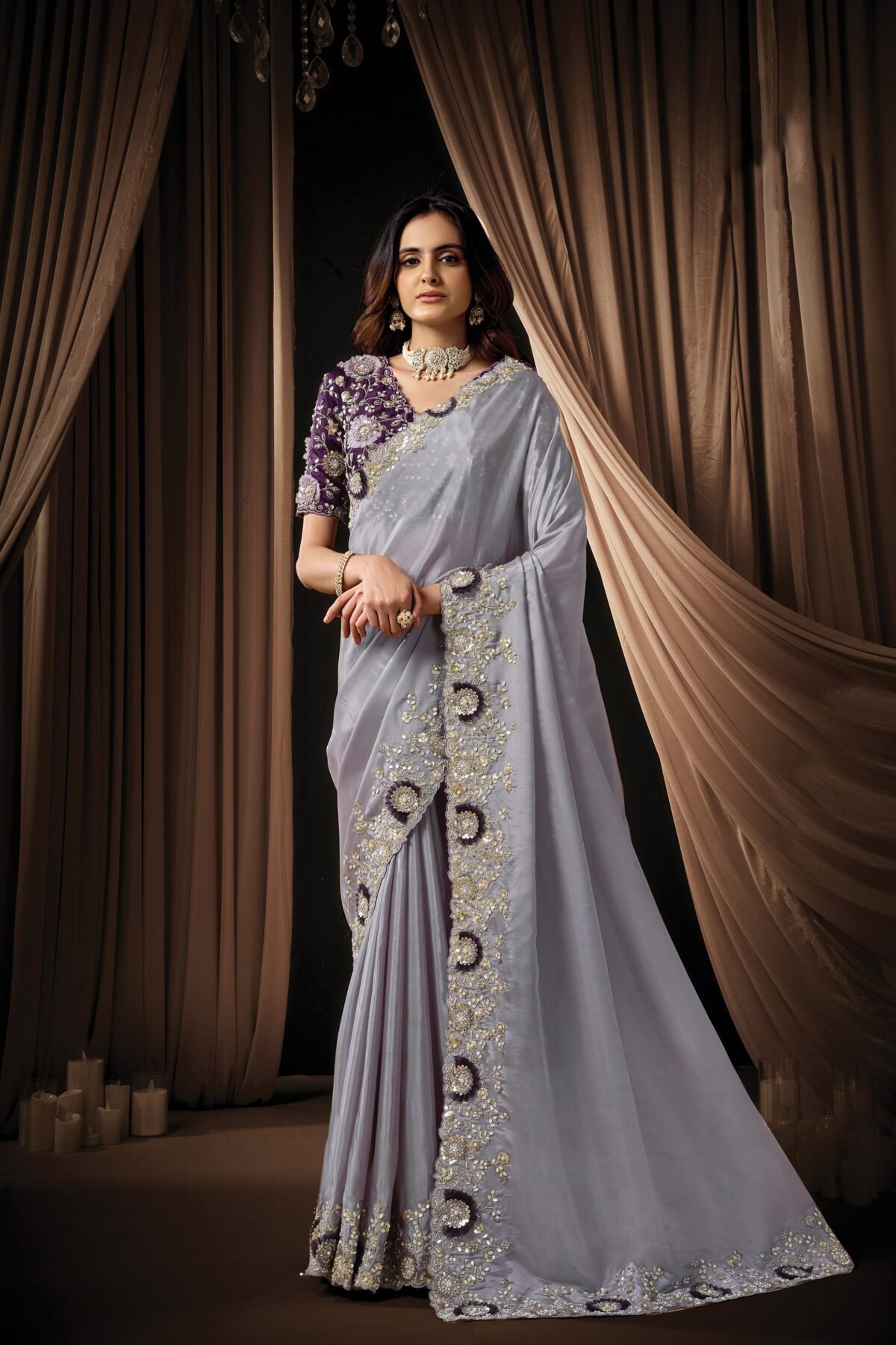 Soft Lavender Embellished Uppada Silk Saree