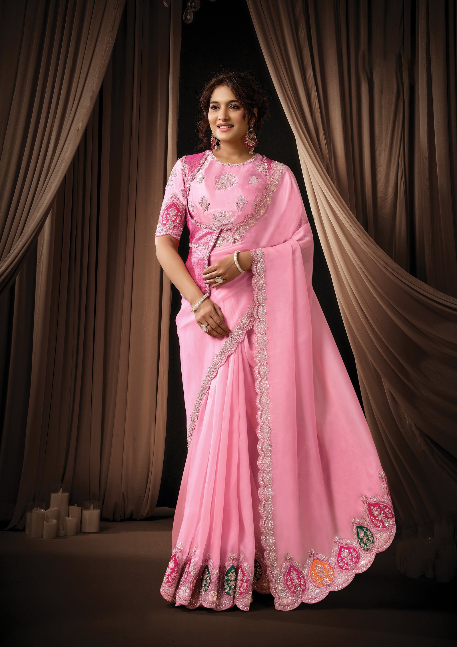 Soft Pink Embellished Tissue Organza Silk Saree