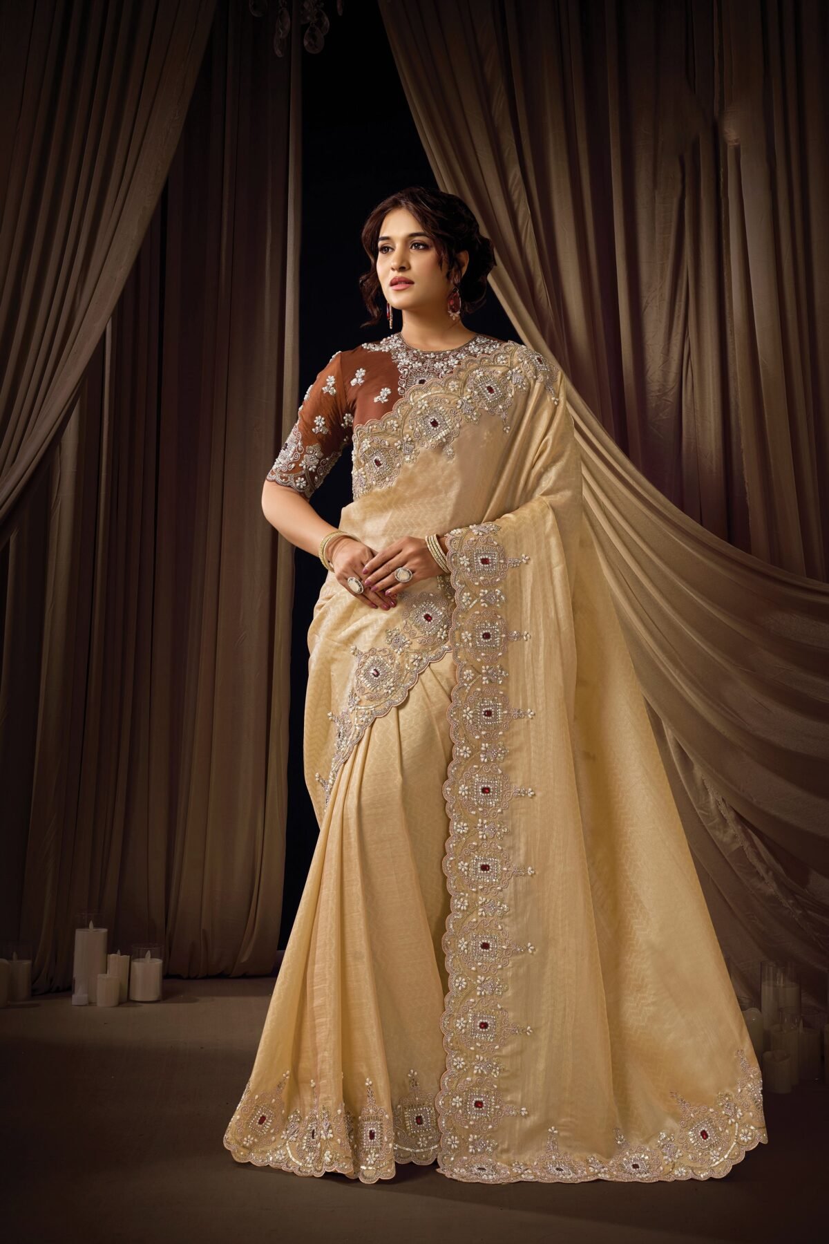 Soft Beige Embellished Woven Jacquard Silk Saree