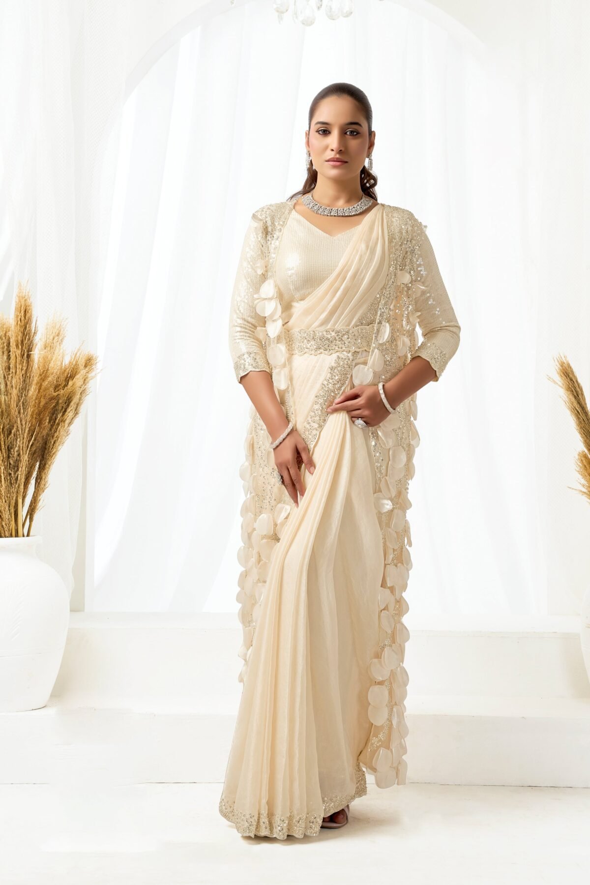 Pearl Cream Embellished Satin Silk Saree with Jacket