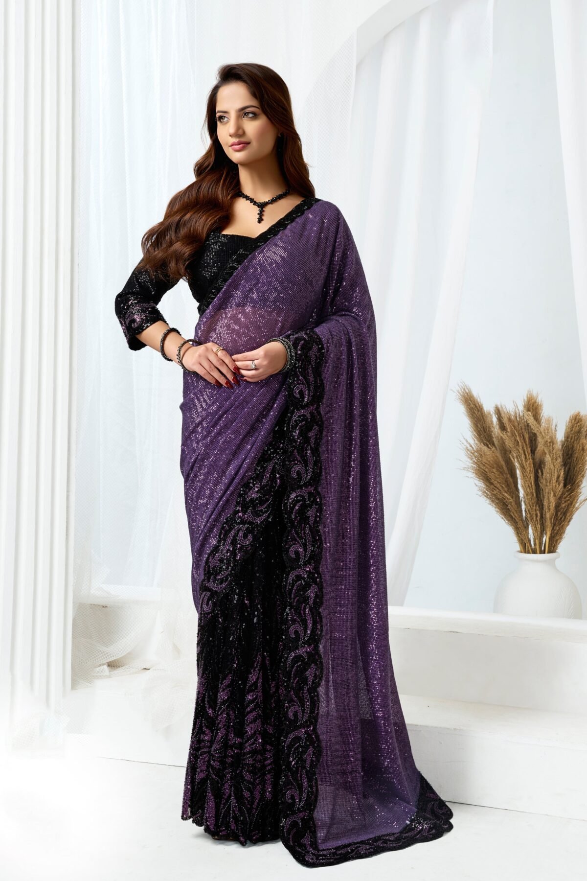 Twilight Mulberry Embellished  Premium Net Saree