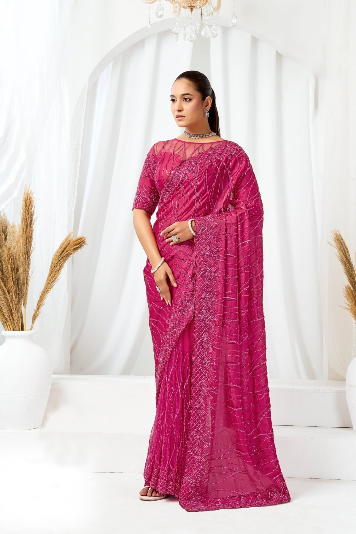 Radiant Fuchsia Embellished Crystal Satin Saree