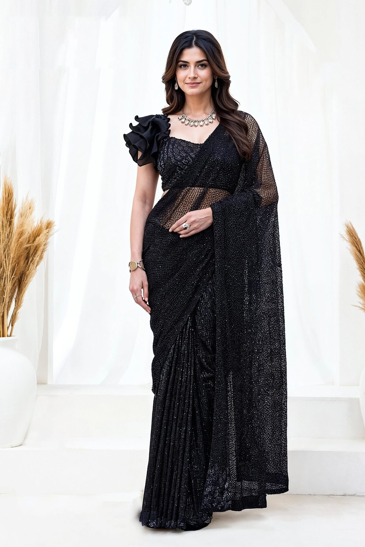 Onyx Starfall Embellished Armani Tulle Draped Saree