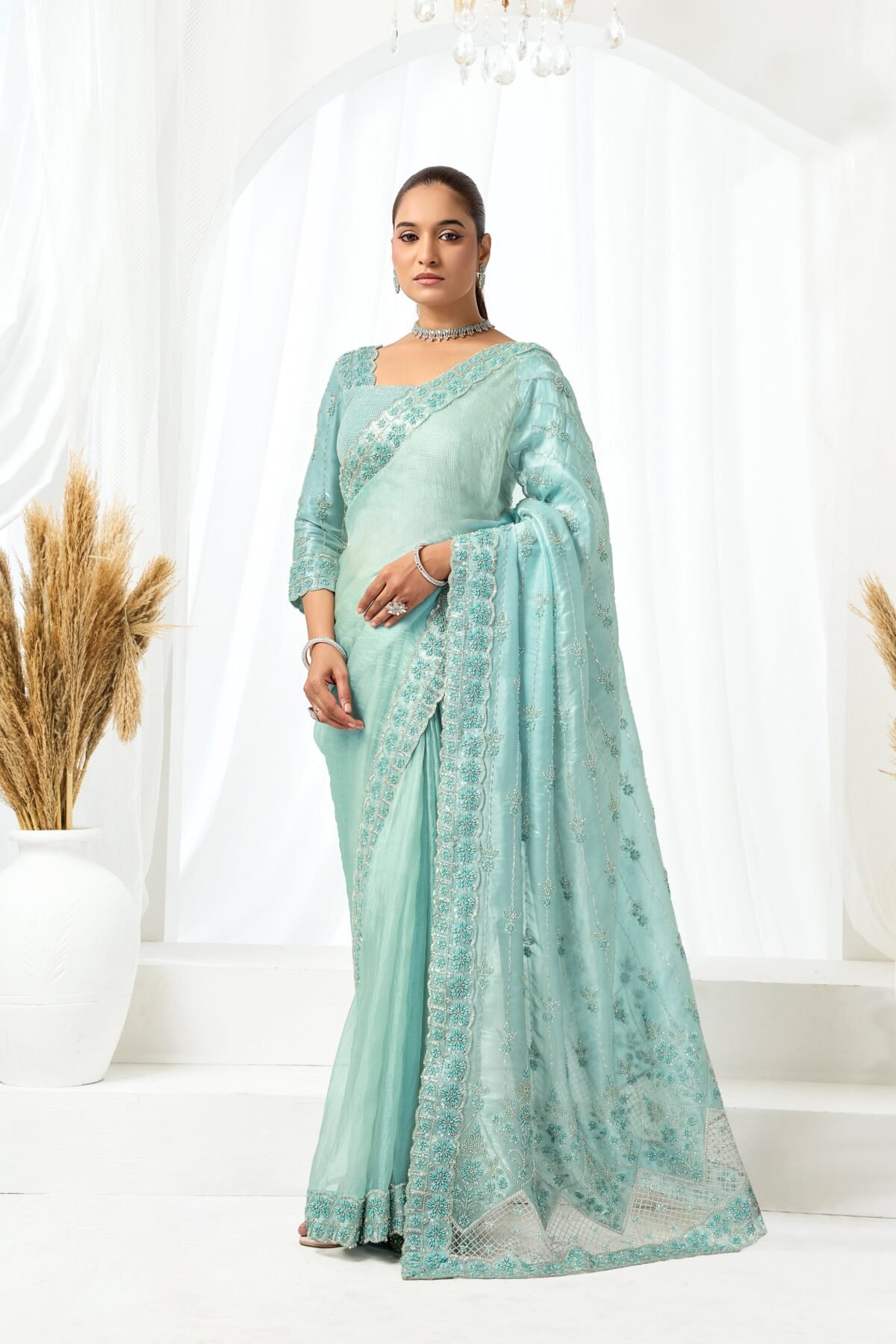 Seafoam Pearl Embellished Organza Satin Saree