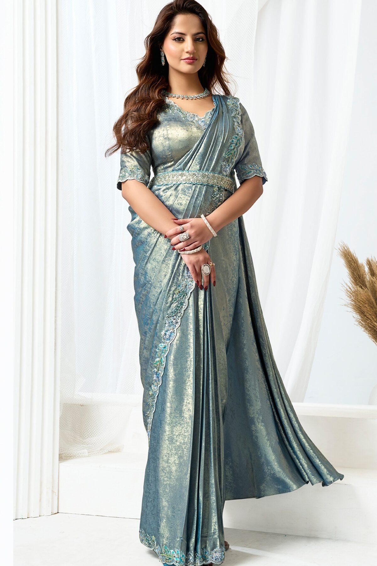 Metallic Grey Embellished Metallic Satin Silk Saree