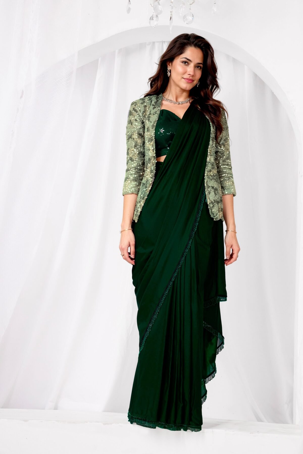 Bottle Green Embellished Metallic Satin Silk Saree
