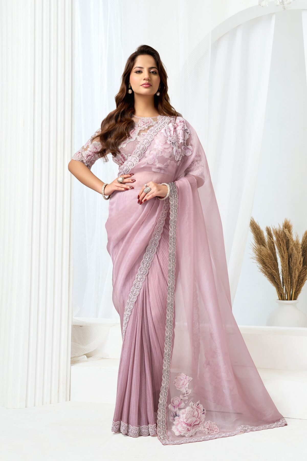Blush Pink Embellished Shimmer Organza Silk Saree