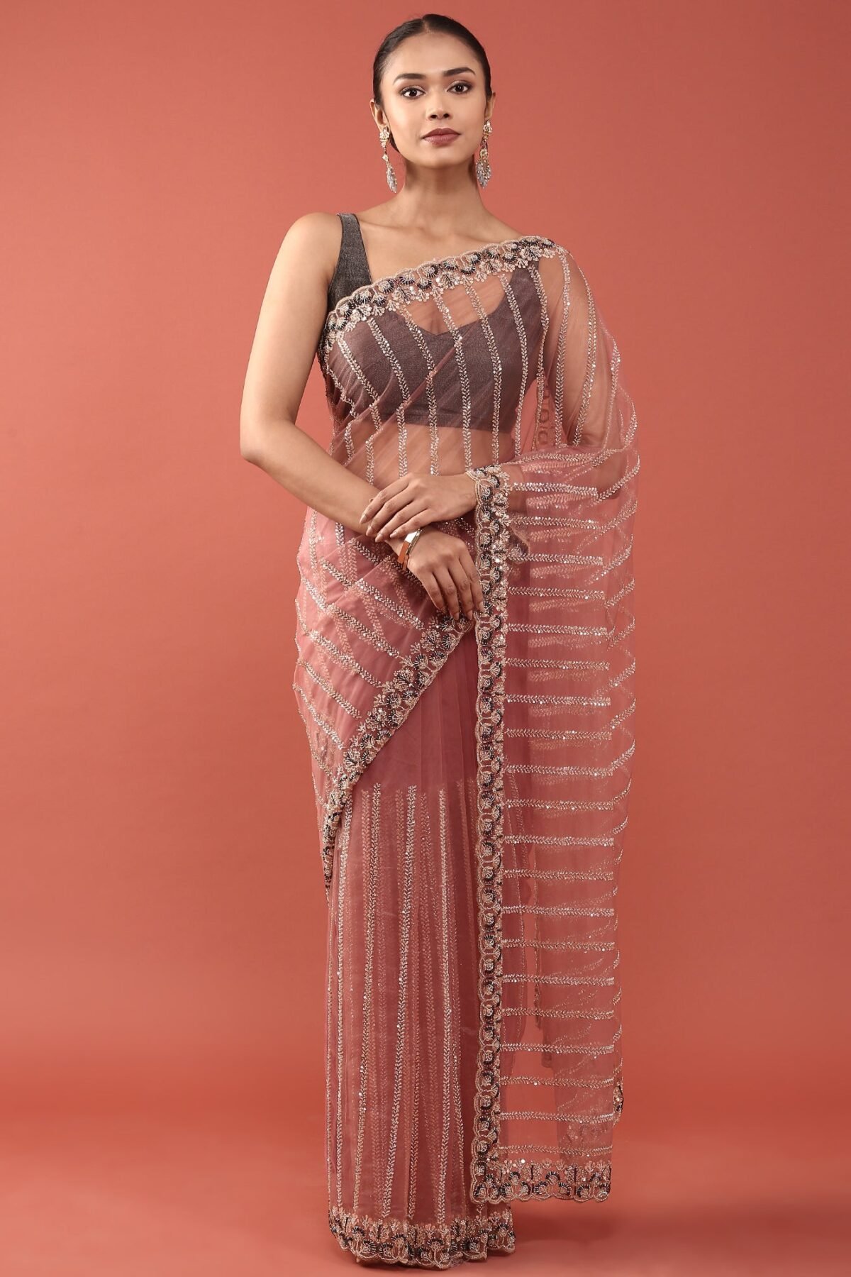 Onion Pink Net Embroidery Saree