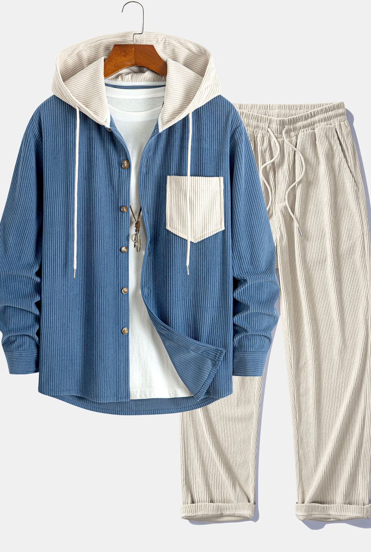 Long Sleeved Contrast Corduroy Hooded Shirt & Straight Leg Corduroy Pants