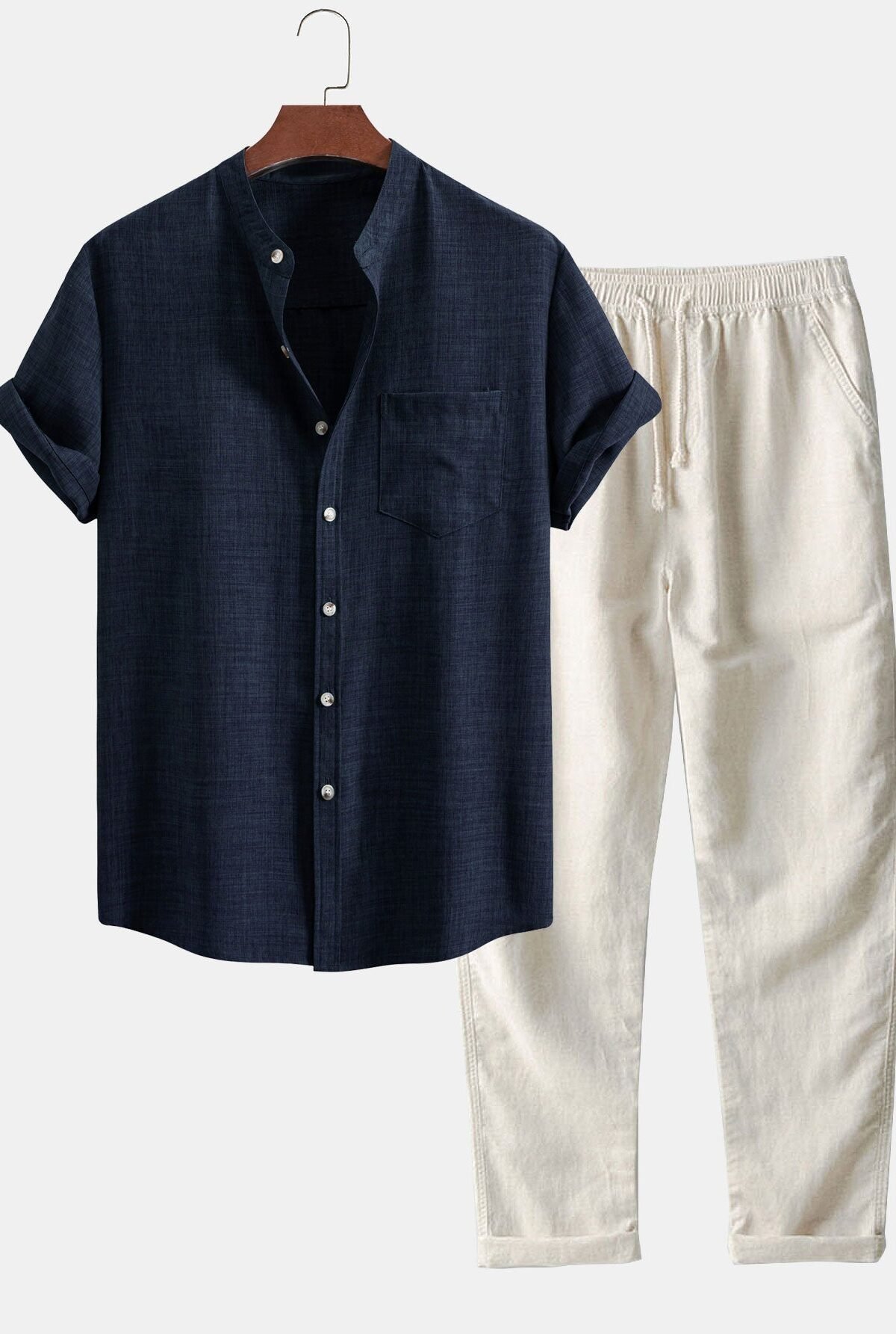 Short Sleeve Stand Collar Shirt & Straight Leg Linen Pants