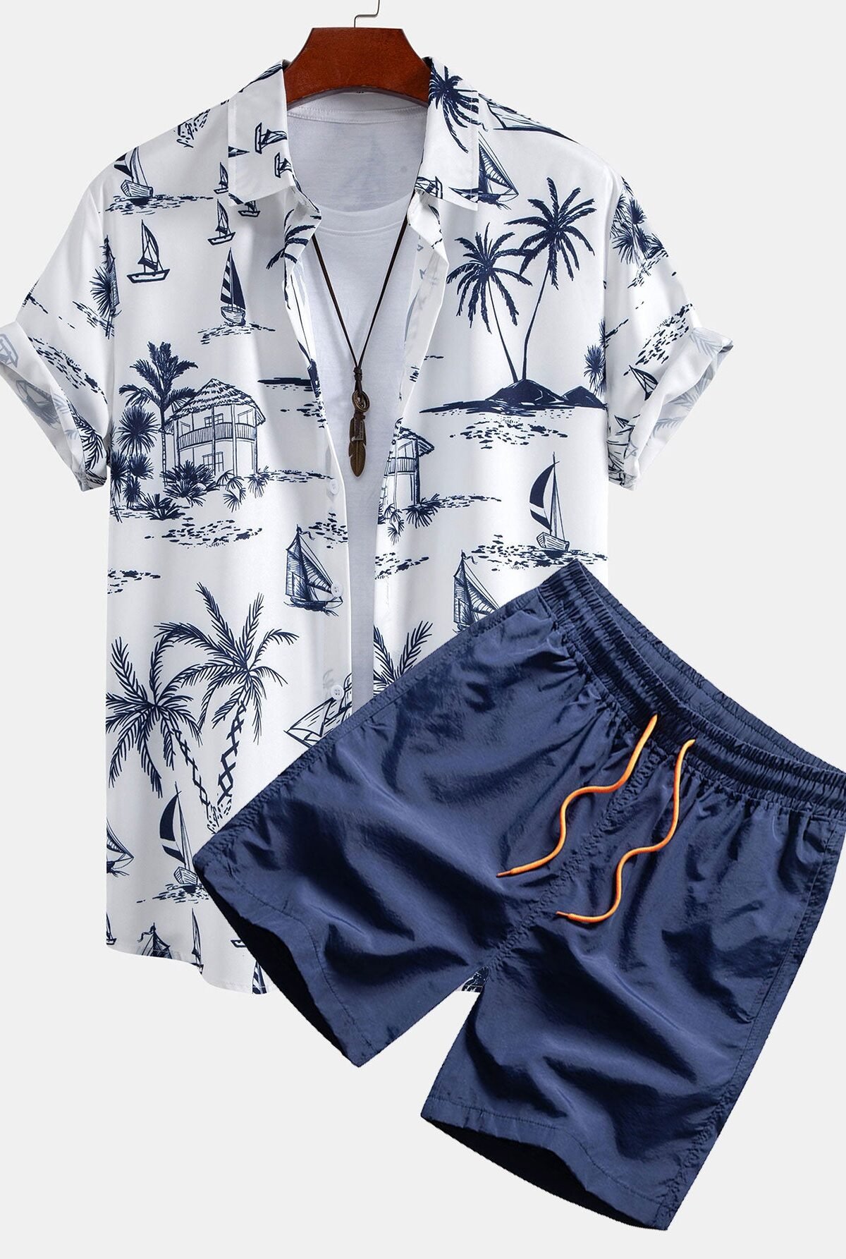 Island Sailing Print Button Up Shirt & Swim Shorts