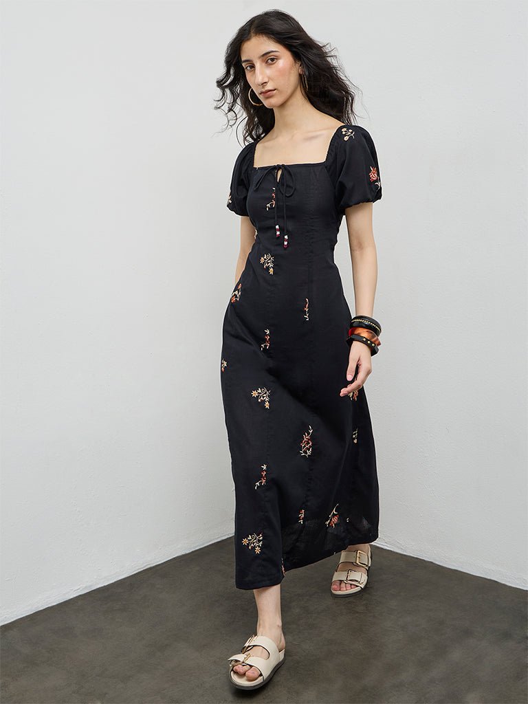 Rich Stylo Black Embroidered Cotton A-Line Dress