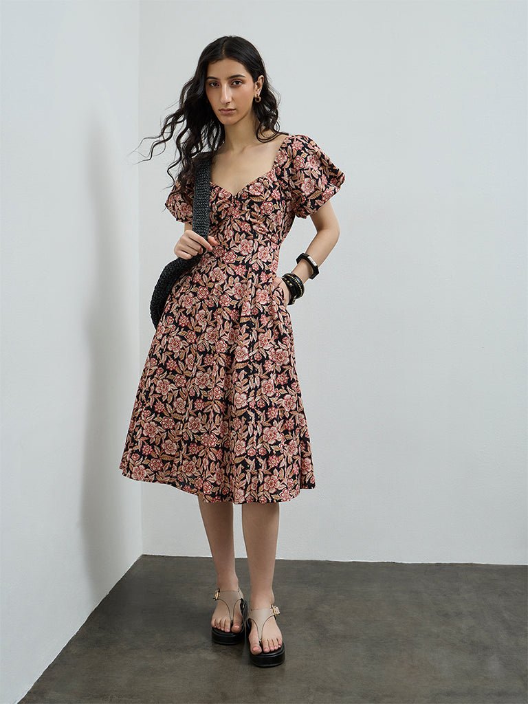 Rich Stylo Black Floral Design Cotton A-Line Dress
