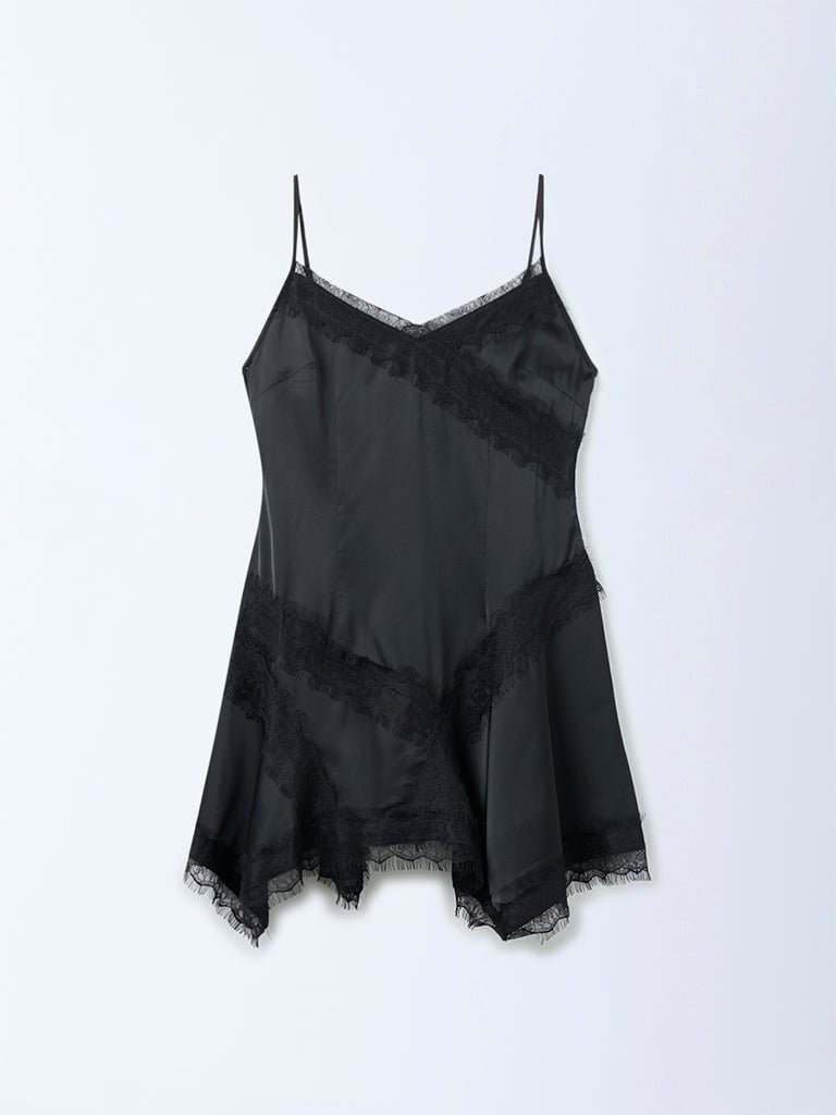 Rich Stylo Black Lace-Detailed A-Line Dress