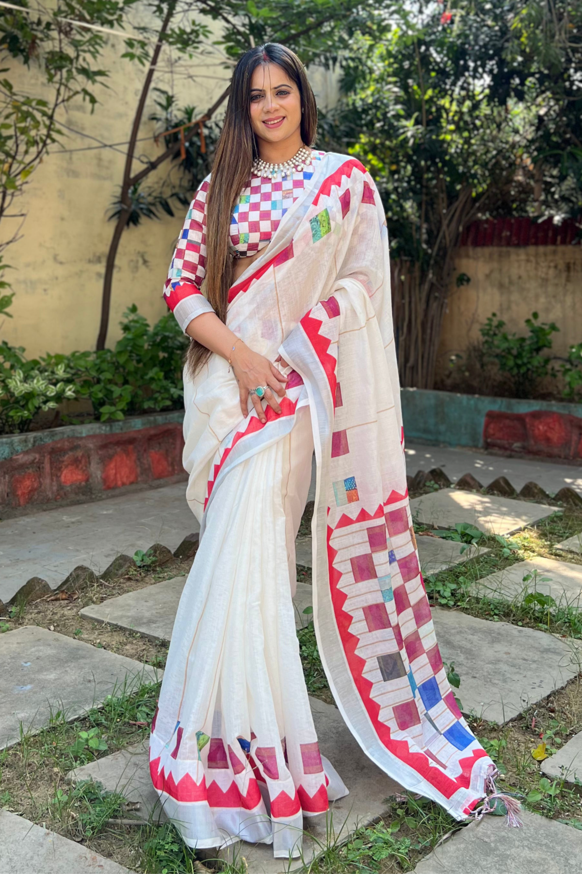 White Pure Cotton Linen Saree with Multicolor Checkered Design